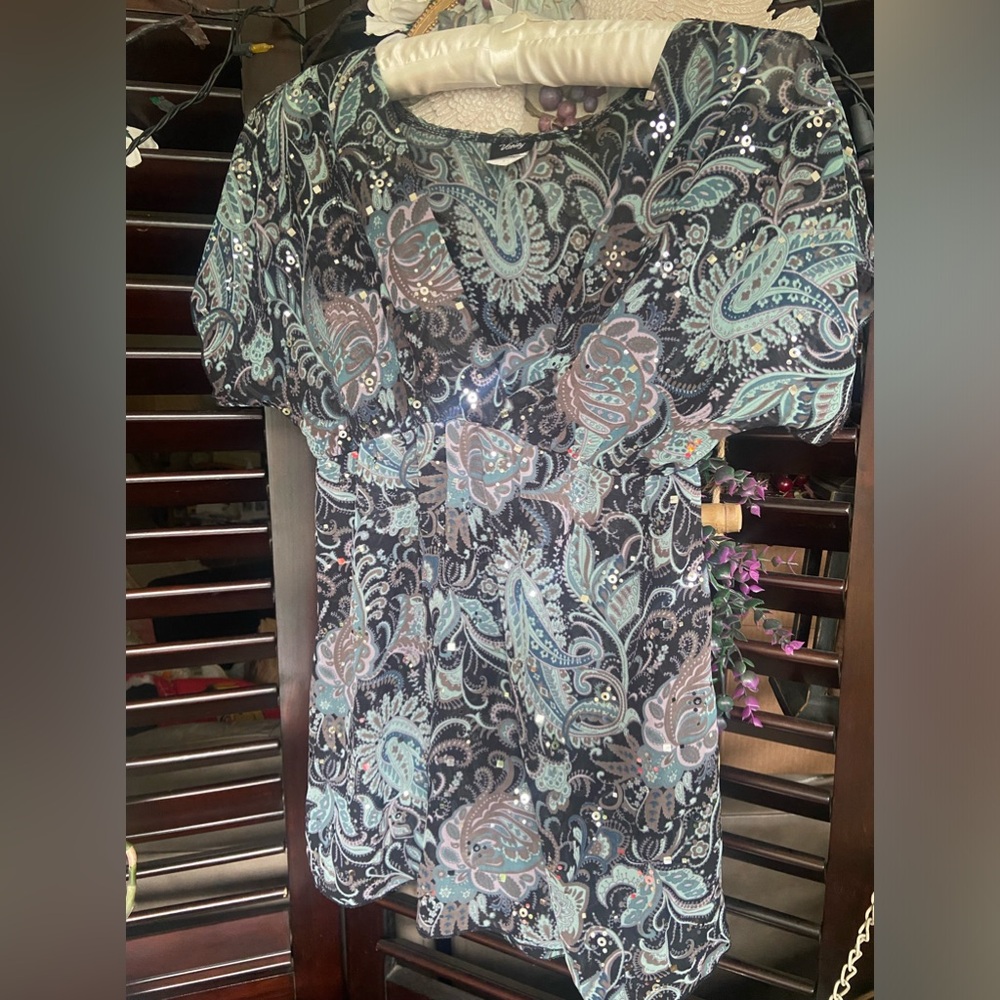 Vanity V-Neck Short Sleeve Sheer Sequence Blouse Cover-up